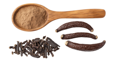 Carob powder in single wooden spoon isolated on white background 