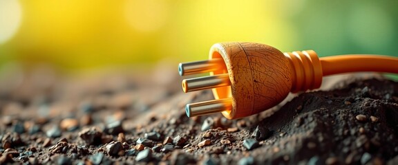 Sculpted earth plug, cord entwined, grounding concept, roots, power