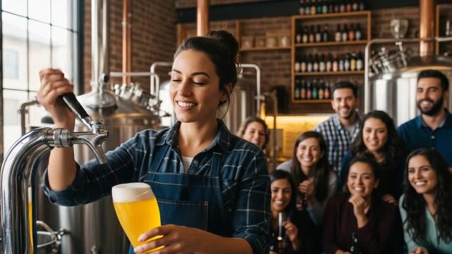 Smiling Female Bartender Pouring Beer in a Cozy Brewery with a Diverse, Happy Group of Friends