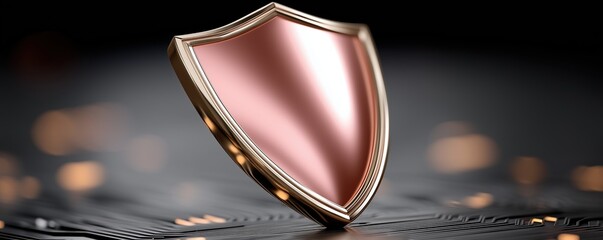Metallic shield on circuit board with glowing lights in the background.