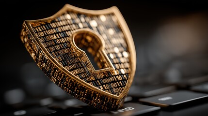 Digital shield with lock over keyboard symbolizing cybersecurity.