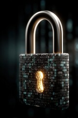 Secure padlock with digital code motifs in a dark background.