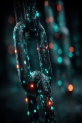 Digital chain links with binary code and glowing lights.