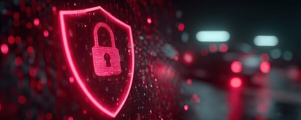 Digital security shield with blurred lights and rain effect.