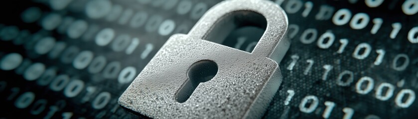 Digital padlock on a binary code background symbolizing security.