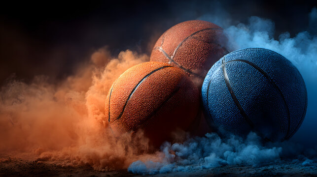 Basketballs in smoke background sports concept orange and blue basketball art wallpaper design image