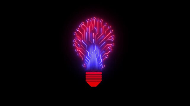 Bulb circuit animation by red and blue color neon on black background. Modern education technology background, moving light bulbs in a cycle, using technology. integration with technology.