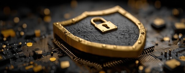 Digital shield with a lock on a circuit board background.