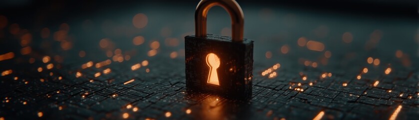 Lock with glowing keyhole on a digital background.