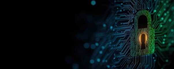 Digital lock on a circuit board background representing cybersecurity concept.