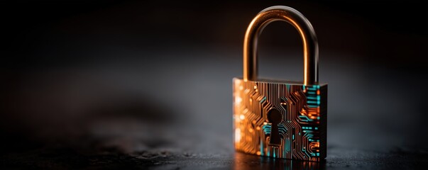 Digital padlock with circuit design on a dark background.