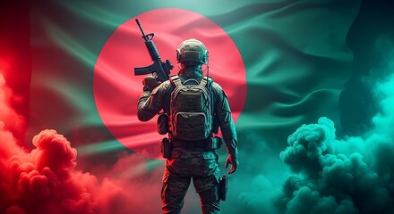 Fototapeta premium A soldier holding a rifle in front of the bangladesh flag