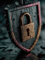 Shield with a padlock, glistening with droplets of water.