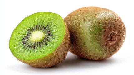 Fototapeta premium A vibrant, fresh kiwi fruit composition showcases a halved kiwi and a whole kiwi, set against white