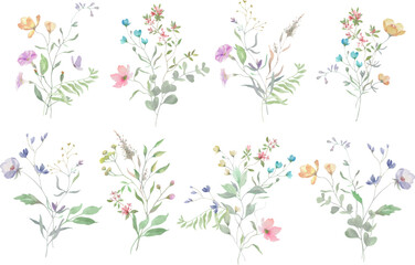 Set of watercolor floral boquets with flowers, eucalypt leaves, wildflowers, herbs. Arrangements for invitations, greeting card. Hand drawn illustration. Vector EPS.