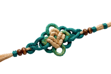 Intricate macrame knot with heart detail and wooden beads, handcrafted elegance