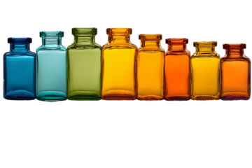 Vibrant glass bottles showcase a spectrum of colors from blue to orange in a clean studio setting