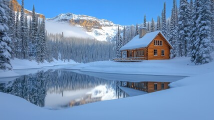 Naklejka premium Cabin by Snow - covered Mountains, Forests and Lakes, Sunlight Reflecting on Snow Scenery, Showing Pure Winter Natural Beauty