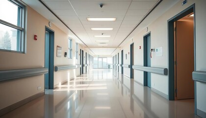 Obraz premium Clean, bright modern hospital hallway with muted colors and natural light, healthcare facility, medicine