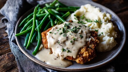 Plate of chicken fried steak smothered in creamy country gravy served with green beans and mashed potatoes