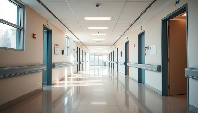Clean, bright modern hospital hallway with muted colors and natural light,  healthcare facility,  medicine - Powered by Adobe