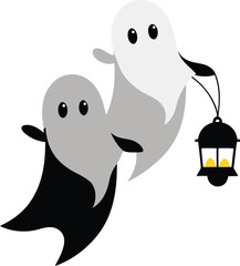 Whimsical ghosts with glowing lanterns floating through the night sky