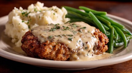 Plate of chicken fried steak smothered in creamy country gravy served with green beans and mashed potatoes