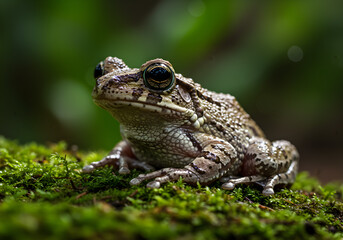 Obraz premium Close Up Frog on Moss Green Background Wildlife Photography