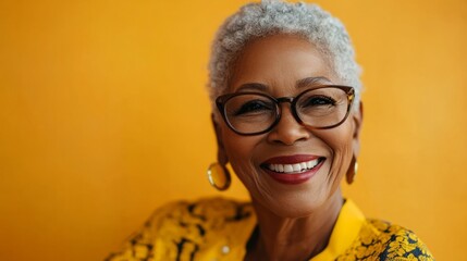 Smiling African American woman with short gray hair and glasses, wearing a vibrant yellow patterned blouse, against a bright yellow background, radiating warmth and confidence