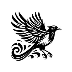Fototapeta premium Stylized black bird with ornate tail feathers in flight