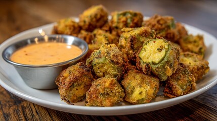 Plate of fried okra with a golden crispy coating served with spicy dipping sauce Southern farmhouse kitchen