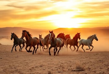 Fototapeta premium Wild horses gallop across sandy plains at sunset, dust swirling, landscape, mare