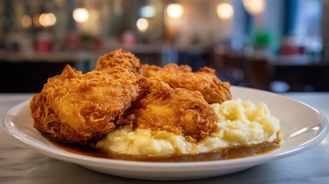 Plate of golden fried chicken with crispy skin served with buttery mashed potatoes and gravy in a Southern diner
