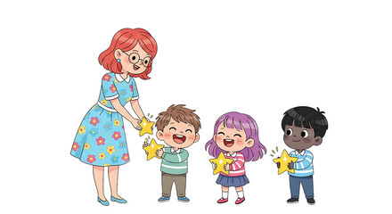 Female Teacher with Three Children Holding Stars in Classroom