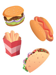 Fast food. Hot dog. Burger. Tacos. Flat shade isolated on white background