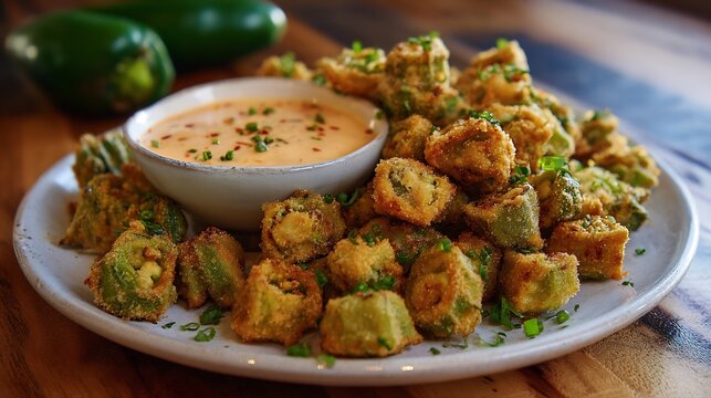 Plate of fried okra with a golden crispy coating served with spicy dipping sauce Southern farmhouse kitchen