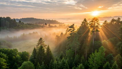 Obraz premium Stunning sunrise bathes misty forest in golden light with dramatic sunbeams piercing through evergreen trees creating a serene, magical atmosphere generative ai.