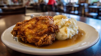 Plate of golden fried chicken with crispy skin served with buttery mashed potatoes and gravy in a Southern diner