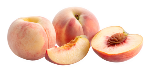 Fresh ripe peaches with a slice and a half cut peach on black background