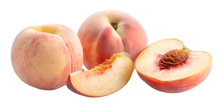 Fresh ripe peaches with a slice and a half cut peach on black background