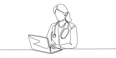 Woman Doctor, Continuous line drawing of female doctor checking patient medical record on a laptop.single-line women doctor with stethoscope in front of laptop.Medical healthcare concept vector