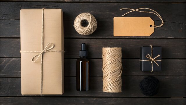 Brown paper wrapped gift box with twine and tag on dark wood background flat lay