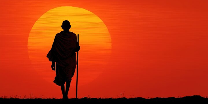 Silhouette of gandhi at sunset for gandhi jayanti.

