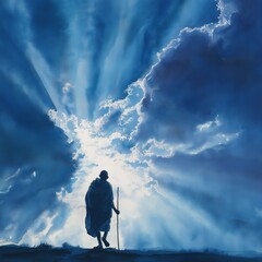 Gandhi jayanti poster with silhouette of gandhi against cloudy sky background.