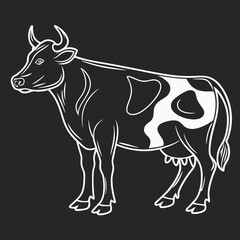 Vector art of a black and white vector illustration of a dairy cow standing in profile, showcasing its distinctive spots and gentle features