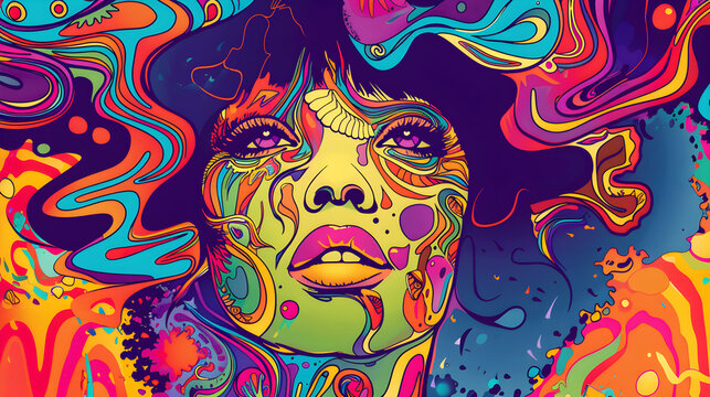 Portrait of a woman with bright neon colors in a psychedelic retro funk style.