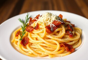 Al dente pasta carbonara, creamy sauce, crispy bacon, rich yolk, Parmesan,  traditional,  top view