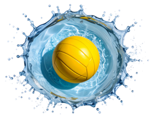 Top-Down View of Yellow Water Polo Ball Partially Submerged with Splash Rings, Isolated PNG