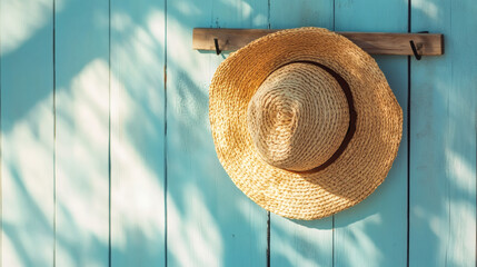 Light-brown straw hat hanging on a light-blue wooden wall.