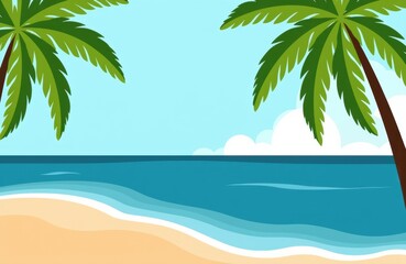 A tropical beach scene with palm trees, sandy shore, and ocean waves under a clear sky
